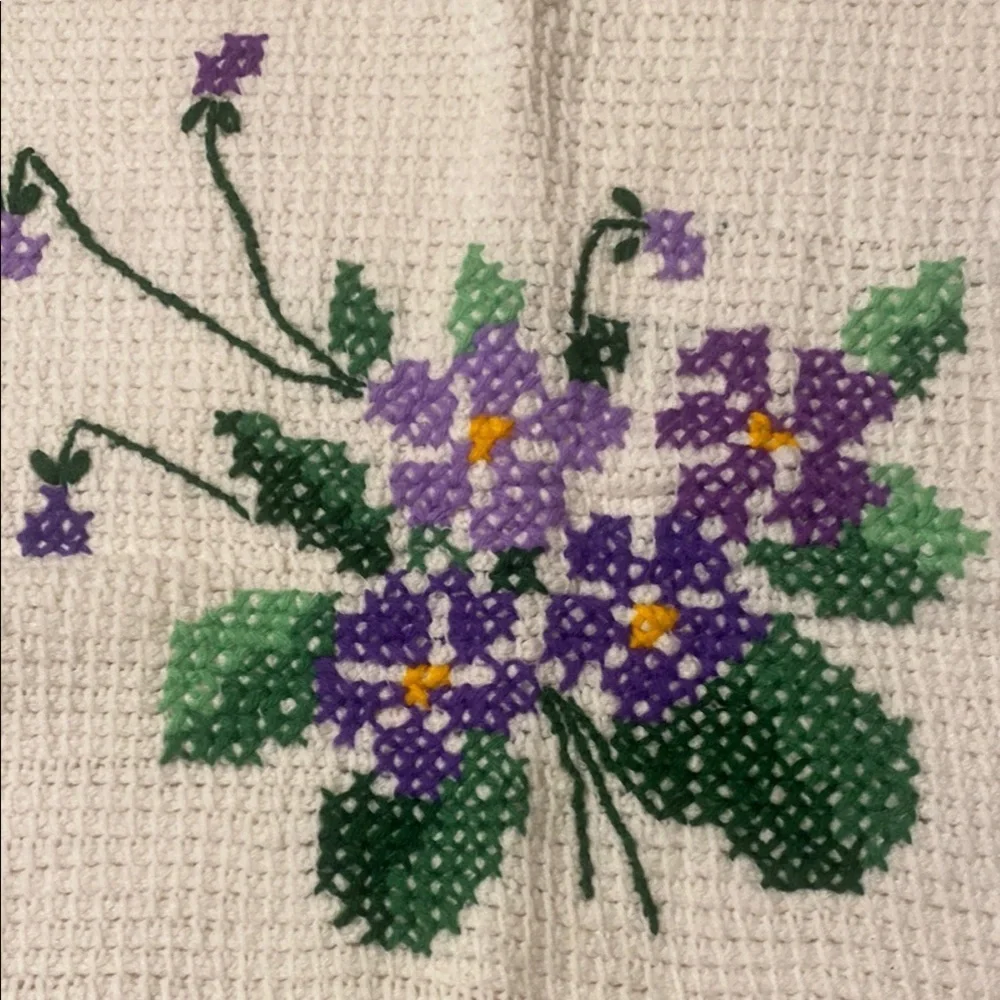 Handmade Cross-Stitch Doily with Purple Flowers Cottagecore Prairie